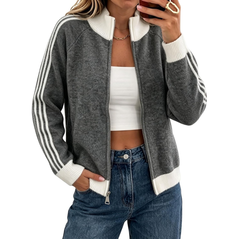 image:imageYeokou Womens Knit Jacket Long Sleeve Zip Up Color Block CardiganGrey