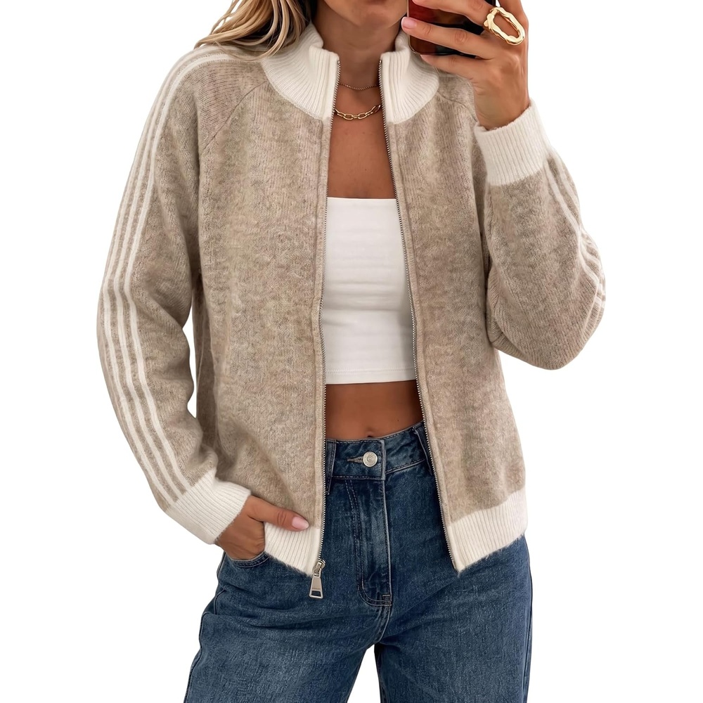 image:imageYeokou Womens Knit Jacket Long Sleeve Zip Up Color Block CardiganKhaki