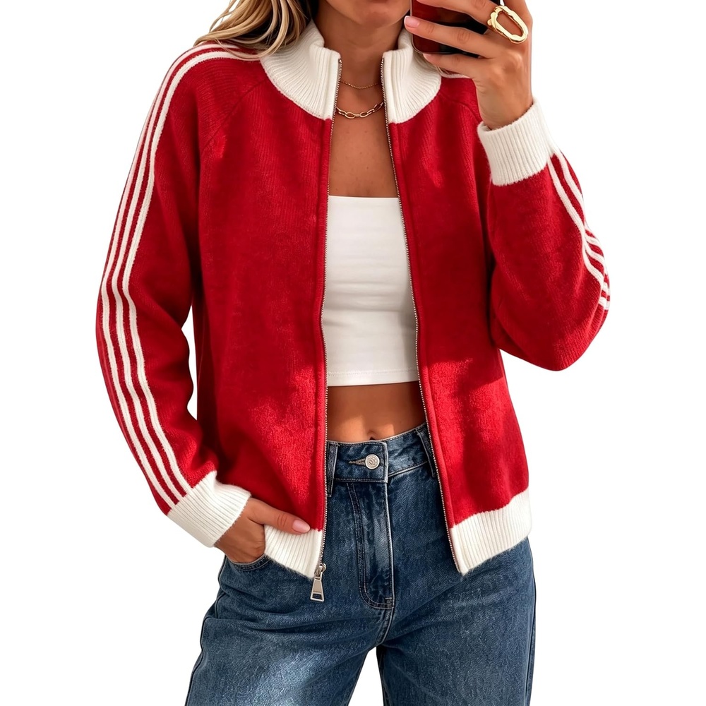 image:imageYeokou Womens Knit Jacket Long Sleeve Zip Up Color Block CardiganRed