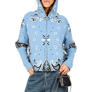 Yeokou Women Paisley Bandana Print Sweater Zip Up Knit Cardigan Jacket(Lightblue)