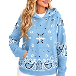 Yeokou Women’s Bandana Paisley Print Hooded Sweatshirt Knit Pullover Sweater(Blue)