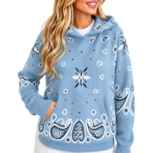 Yeokou Women’s Bandana Paisley Print Hooded Sweatshirt Knit Pullover Sweater(Bluegrey)