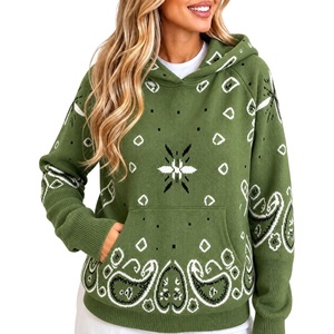Yeokou Women’s Bandana Paisley Print Hooded Sweatshirt Knit Pullover Sweater(Green)