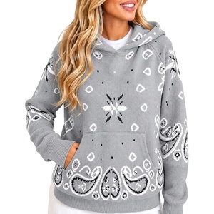 Yeokou Women’s Bandana Paisley Print Hooded Sweatshirt Knit Pullover Sweater(Grey)