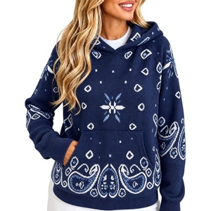 Yeokou Women’s Bandana Paisley Print Hooded Sweatshirt Knit Pullover Sweater(Navy)