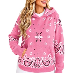 Yeokou Women’s Bandana Paisley Print Hooded Sweatshirt Knit Pullover Sweater(Pink)