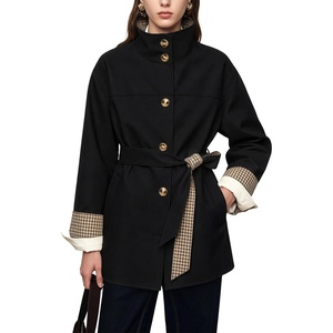 Yeokou Women’s Belted Trench Coat Trendy Plaid Trim Fall Jackets(Black)
