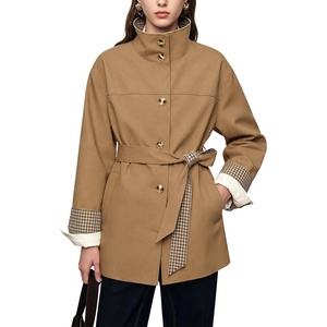 Yeokou Women’s Belted Trench Coat Trendy Plaid Trim Fall Jackets(Camel)