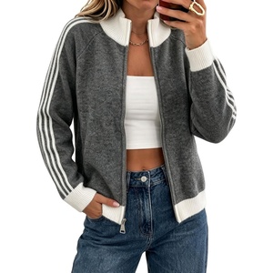 Yeokou Women’s Knit Jacket Long Sleeve Zip Up Color Block Cardigan(Grey)