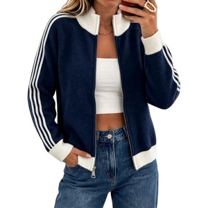 Yeokou Women’s Knit Jacket Long Sleeve Zip Up Color Block Cardigan(Navy)