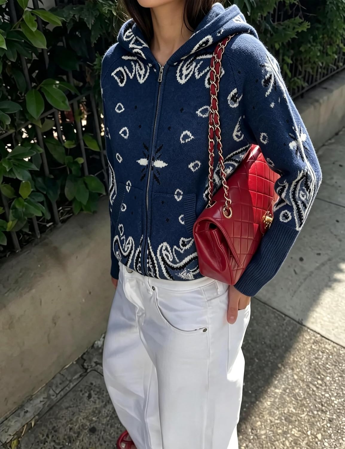 image:imageYeokou Women Bandana Paisley Knit Hooded Jacket Trendy Full Zip SweaterNavy