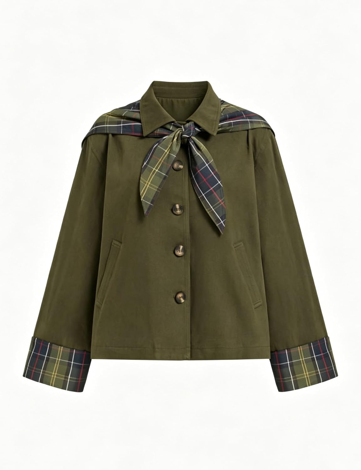 image:imageYeokou Women Oversize Trench Coat Plaid Lining Scarf Tie JacketGreen