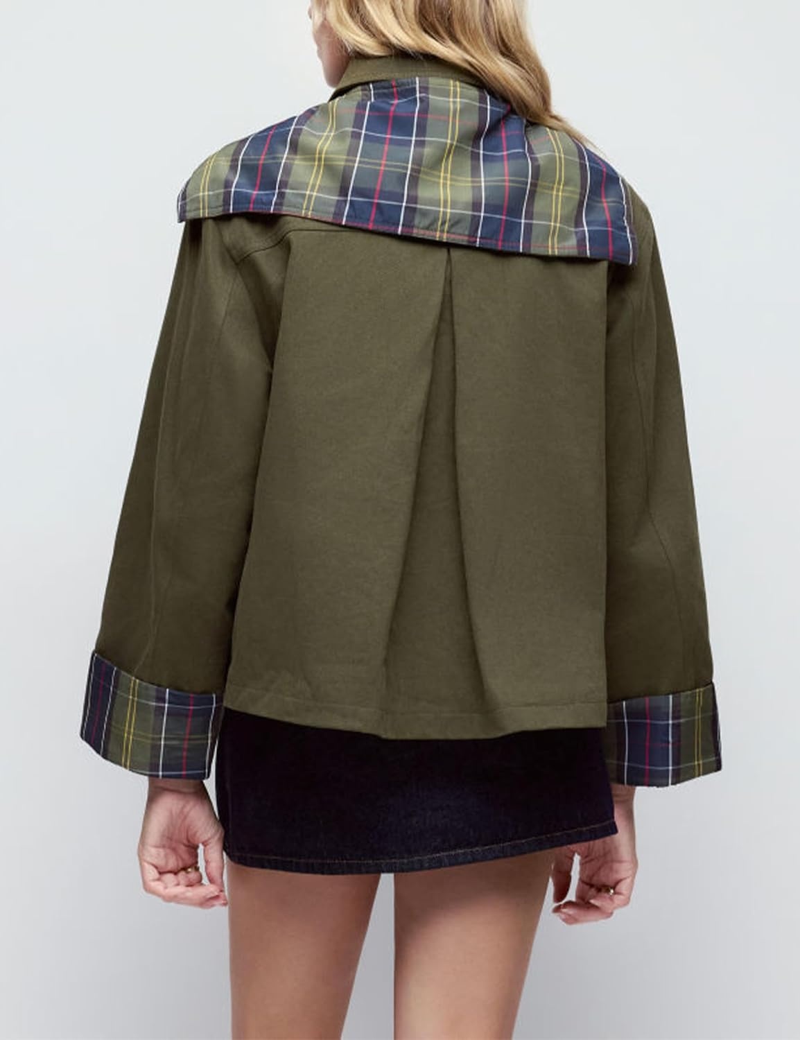 image:imageYeokou Women Oversize Trench Coat Plaid Lining Scarf Tie JacketGreen