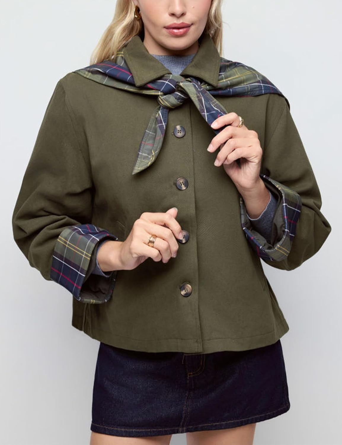 image:imageYeokou Women Oversize Trench Coat Plaid Lining Scarf Tie JacketGreen