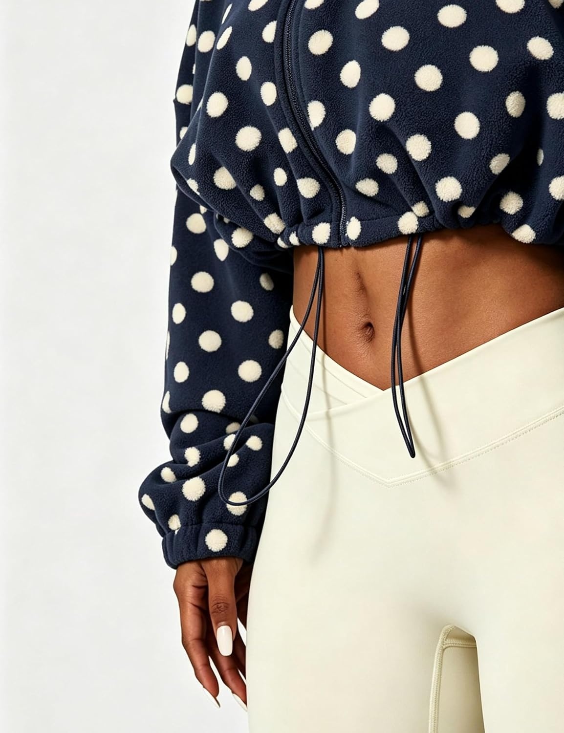 image:imageYeokou Womens Full Zip Fleece Jacket Polka Dot Drawstring CoatNavy