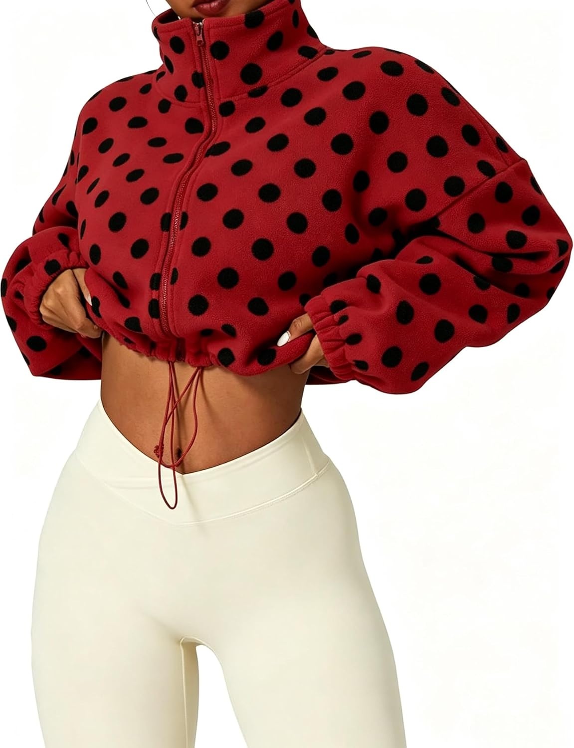 image:imageYeokou Womens Full Zip Fleece Jacket Polka Dot Drawstring CoatRed