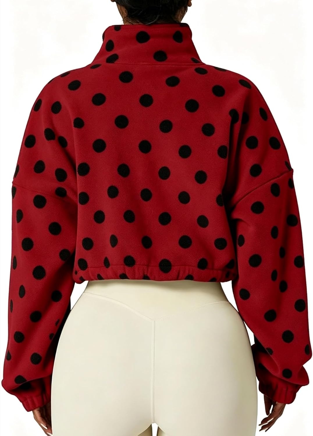 image:imageYeokou Womens Full Zip Fleece Jacket Polka Dot Drawstring CoatRed
