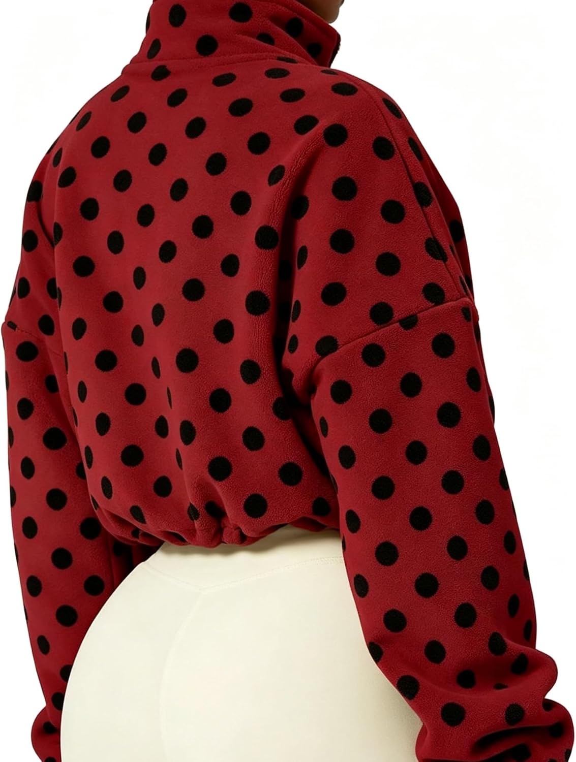 image:imageYeokou Womens Full Zip Fleece Jacket Polka Dot Drawstring CoatRed