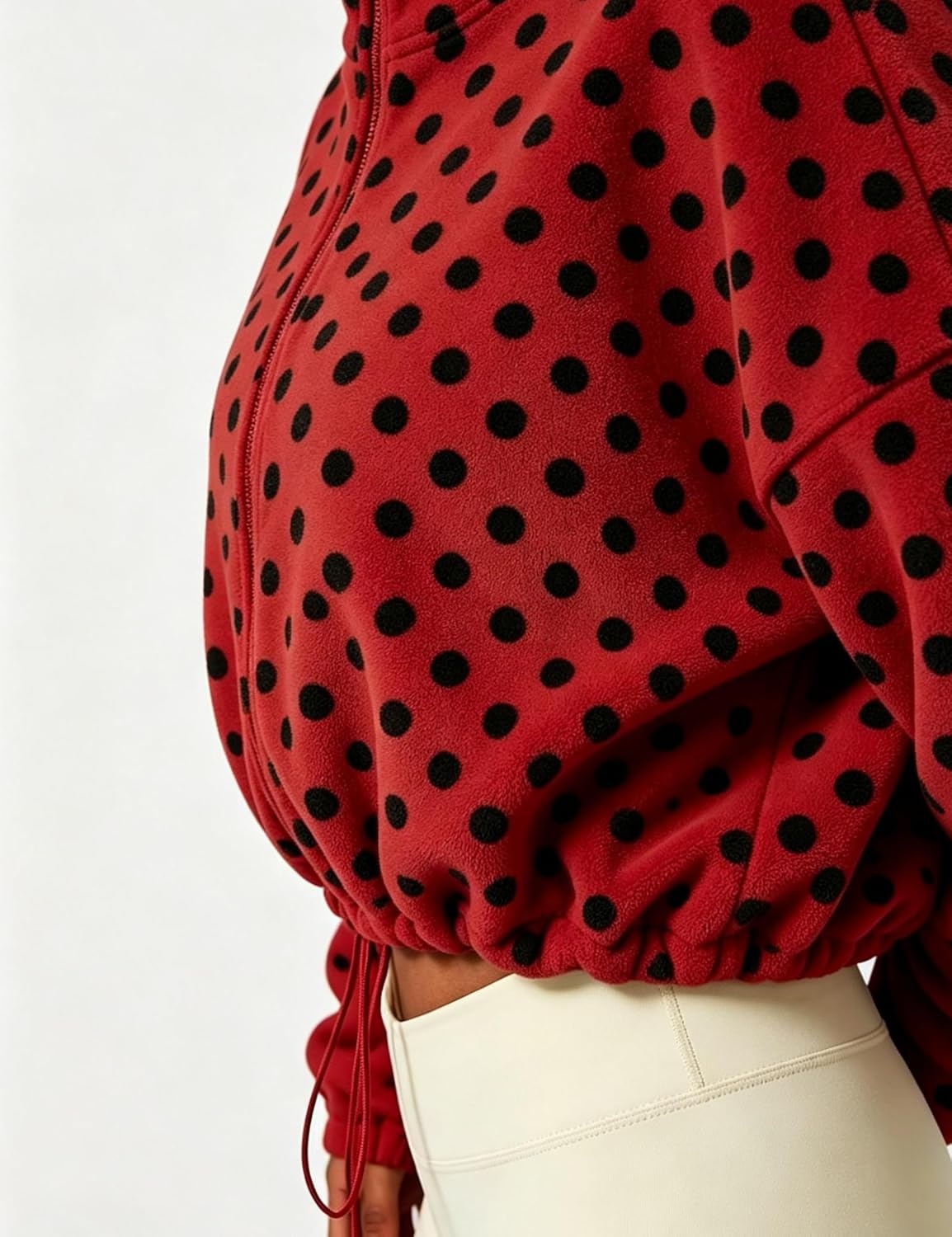 image:imageYeokou Womens Full Zip Fleece Jacket Polka Dot Drawstring CoatRed