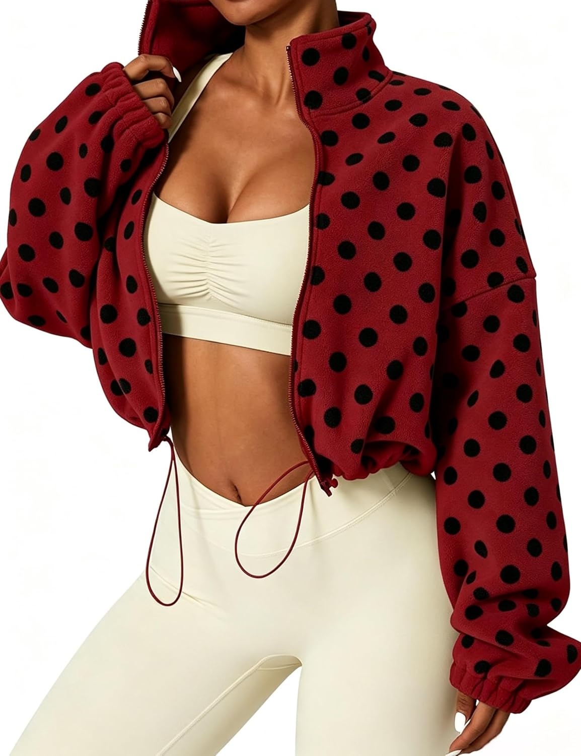 image:imageYeokou Womens Full Zip Fleece Jacket Polka Dot Drawstring CoatRed