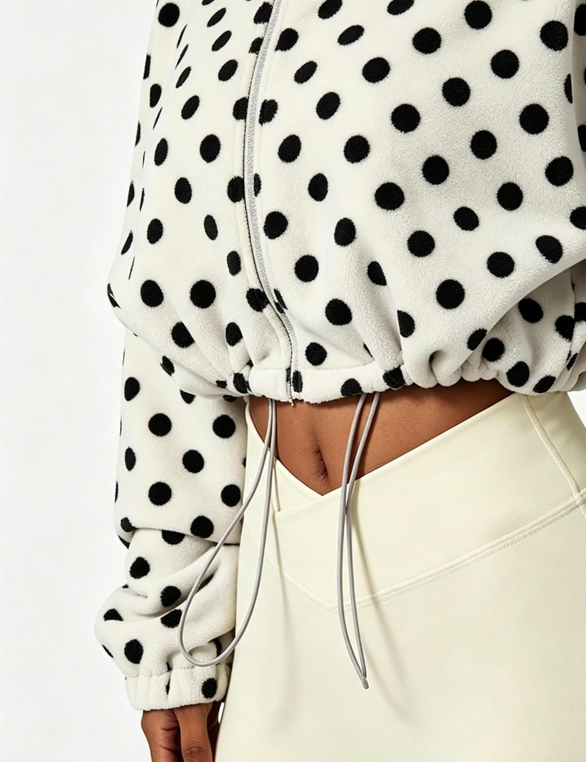 image:imageYeokou Womens Full Zip Fleece Jacket Polka Dot Drawstring CoatWhite