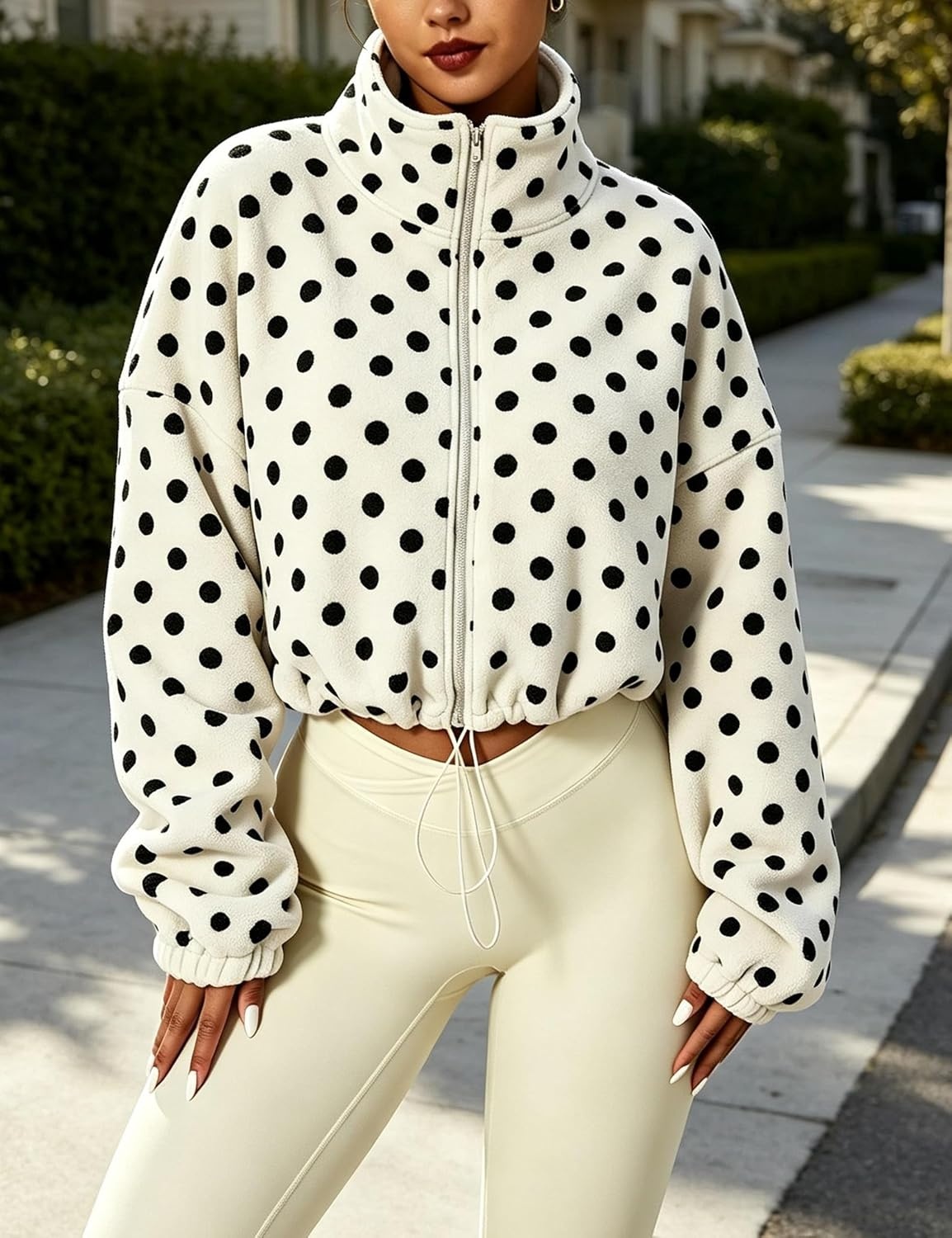 image:imageYeokou Womens Full Zip Fleece Jacket Polka Dot Drawstring CoatWhite