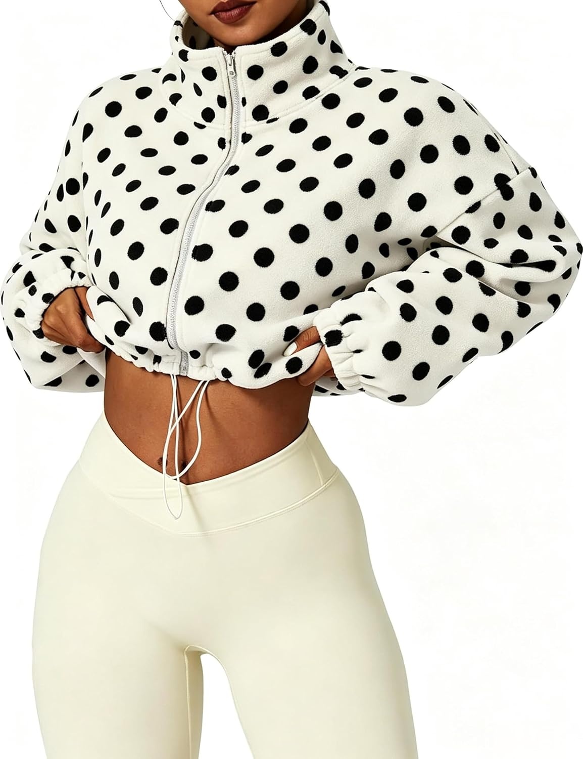 image:imageYeokou Womens Full Zip Fleece Jacket Polka Dot Drawstring CoatWhite