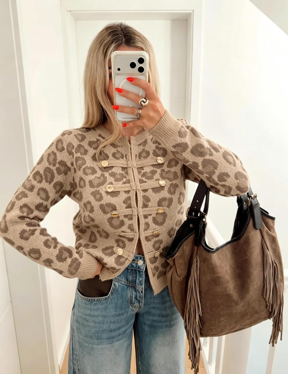 image:imageYeokou Womens Leopard Knit Cardigan Sweater Button Front Cropped OutwearApricot