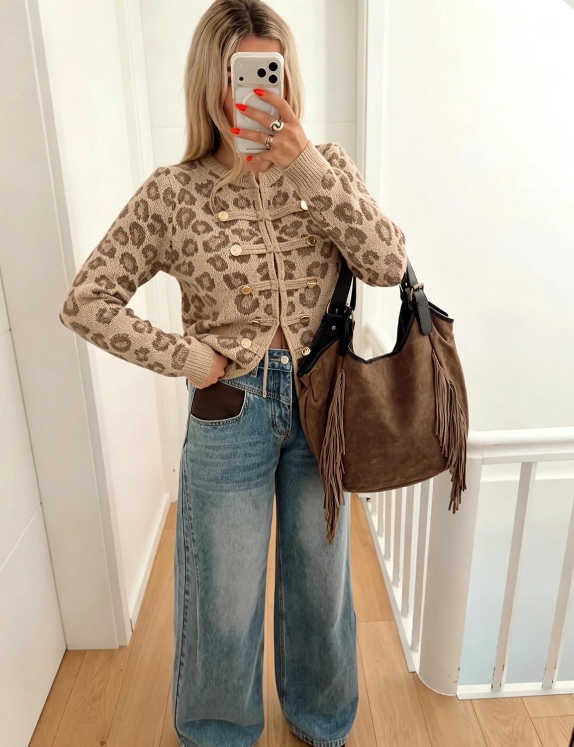 image:imageYeokou Womens Leopard Knit Cardigan Sweater Button Front Cropped OutwearApricot