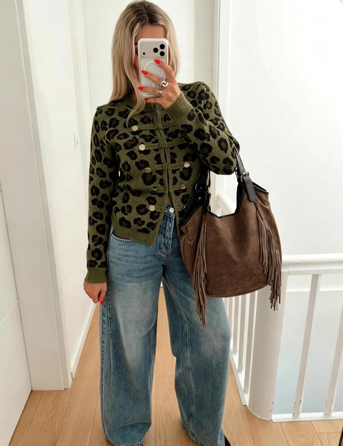 image:imageYeokou Womens Leopard Knit Cardigan Sweater Button Front Cropped OutwearArmygreen