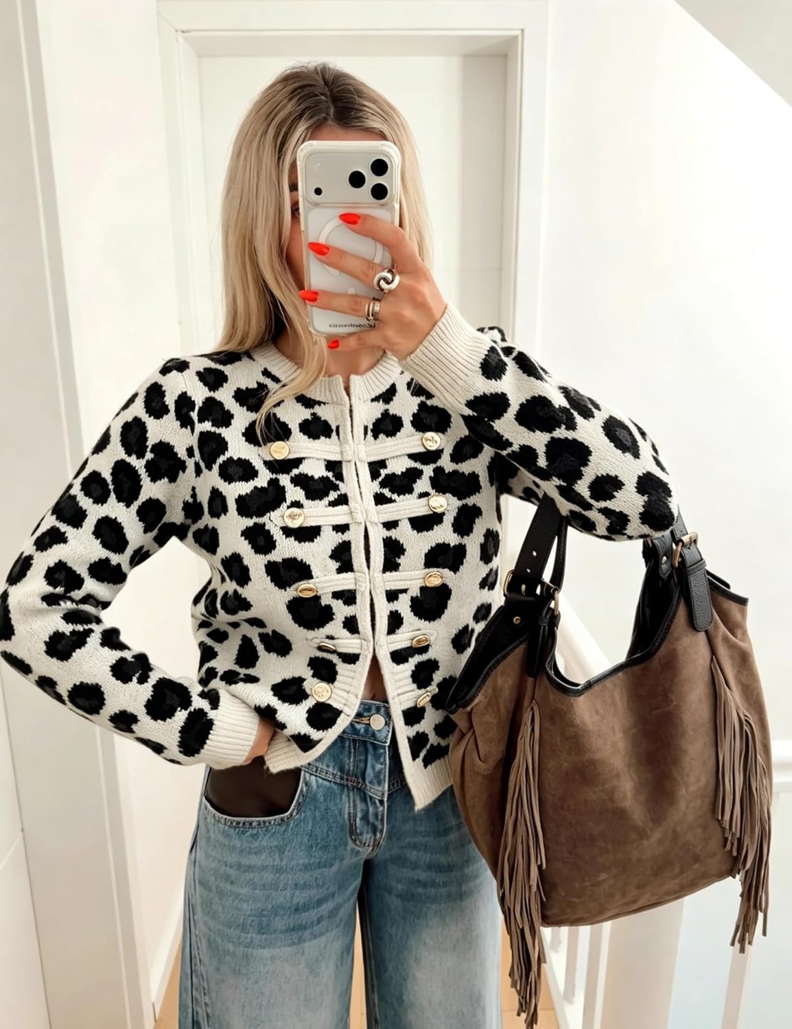 image:imageYeokou Womens Leopard Knit Cardigan Sweater Button Front Cropped OutwearBlack