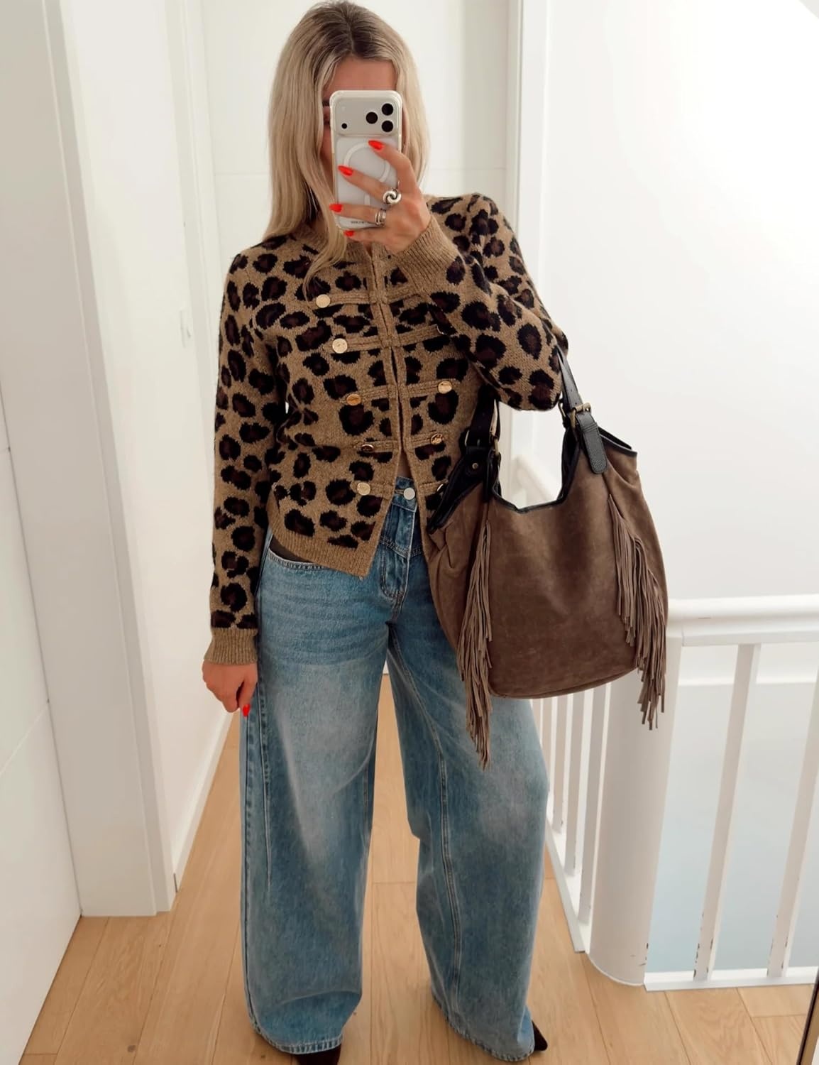 image:imageYeokou Womens Leopard Knit Cardigan Sweater Button Front Cropped OutwearBrown