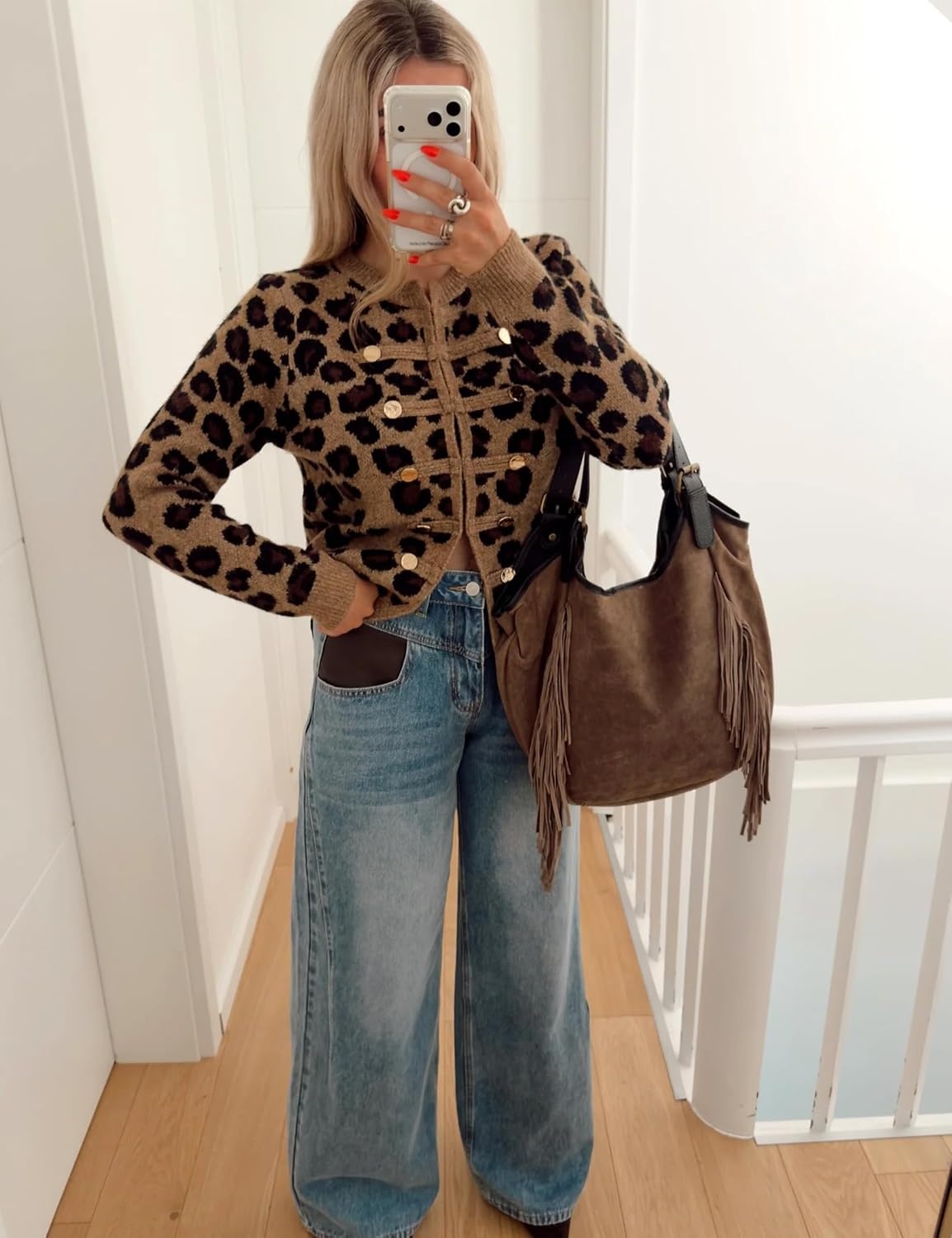 image:imageYeokou Womens Leopard Knit Cardigan Sweater Button Front Cropped OutwearBrown