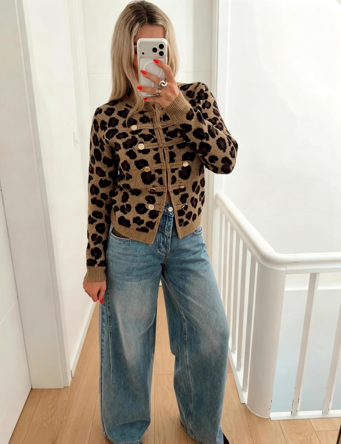 image:imageYeokou Womens Leopard Knit Cardigan Sweater Button Front Cropped OutwearBrown