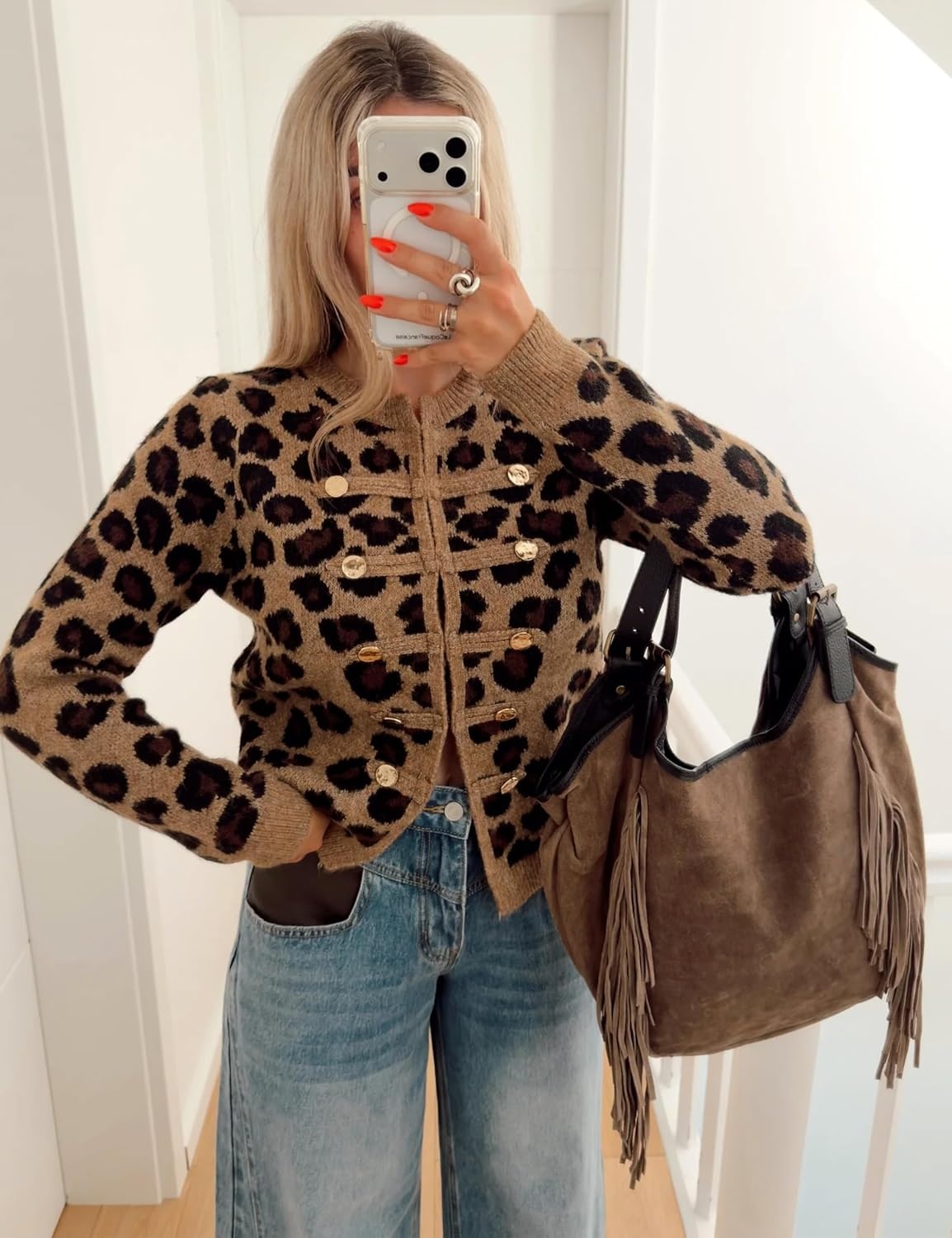 image:imageYeokou Womens Leopard Knit Cardigan Sweater Button Front Cropped OutwearBrown