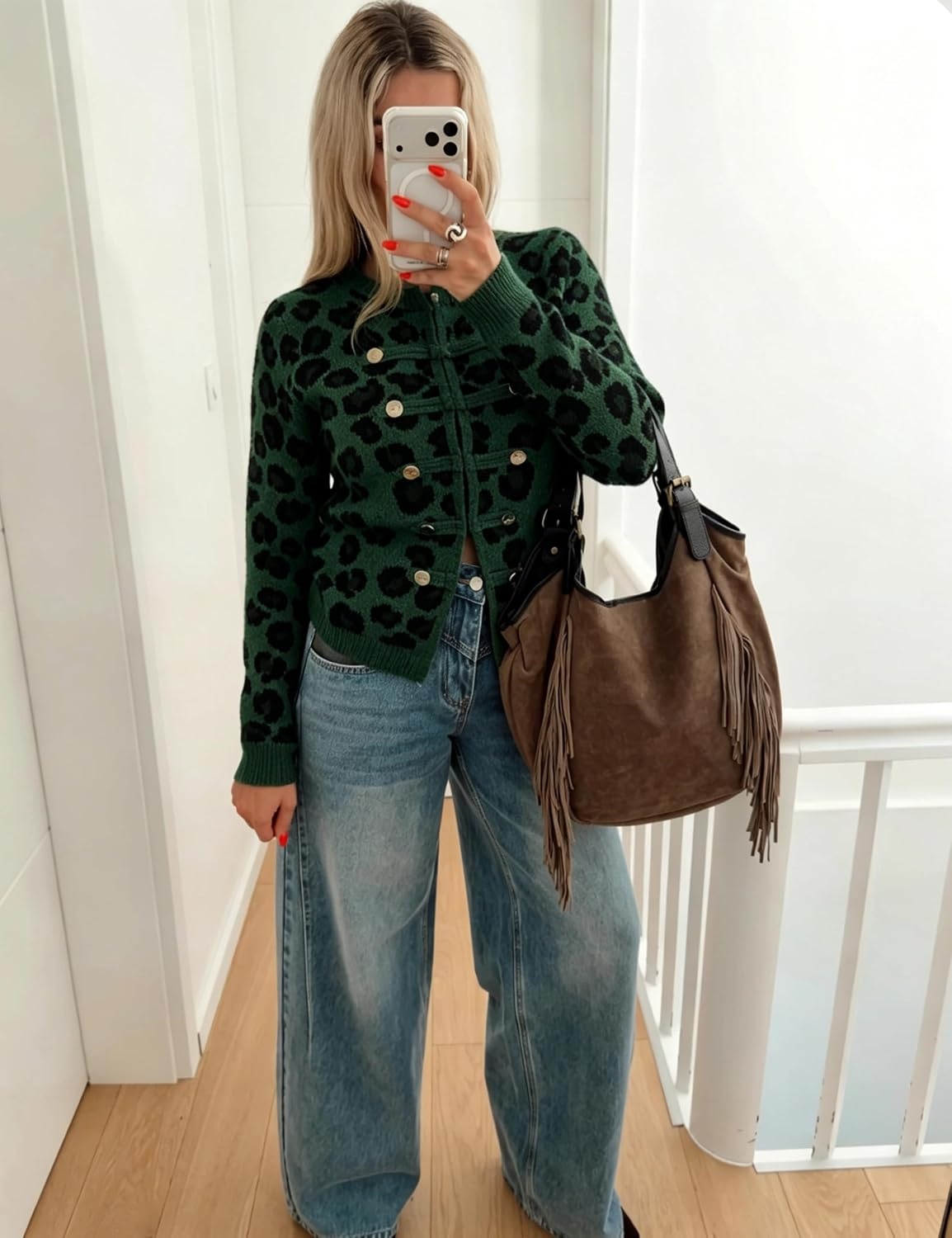 image:imageYeokou Womens Leopard Knit Cardigan Sweater Button Front Cropped OutwearGreen
