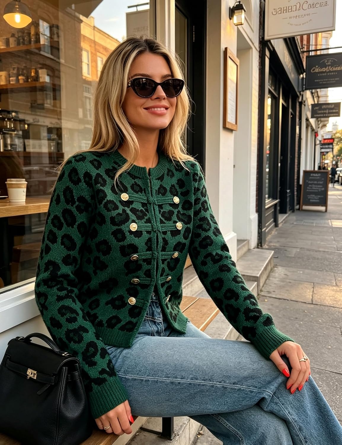 image:imageYeokou Womens Leopard Knit Cardigan Sweater Button Front Cropped OutwearGreen