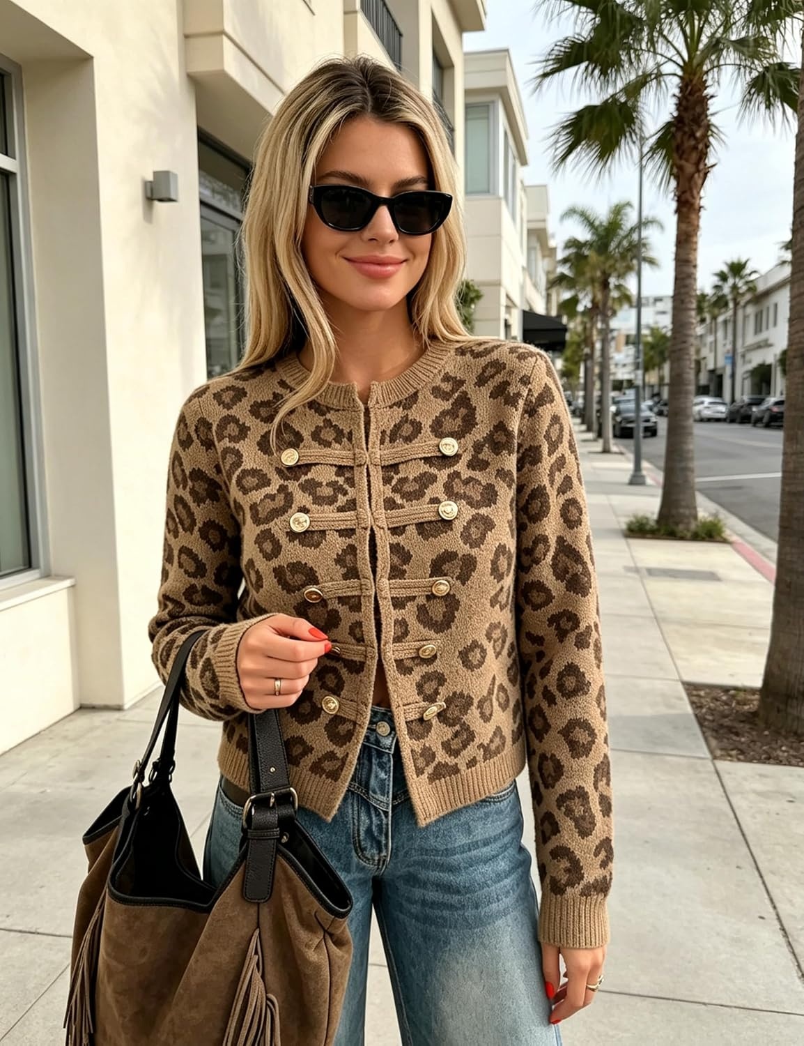 image:imageYeokou Womens Leopard Knit Cardigan Sweater Button Front Cropped OutwearKhaki