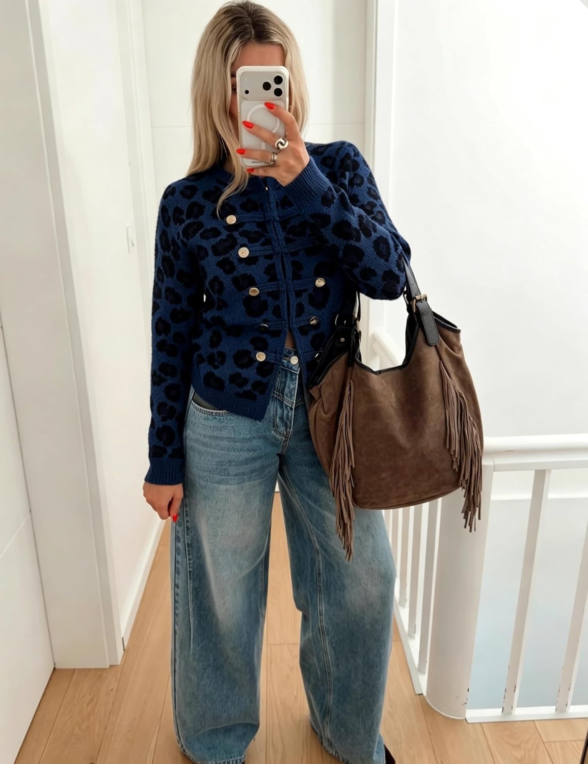 image:imageYeokou Womens Leopard Knit Cardigan Sweater Button Front Cropped OutwearNavy