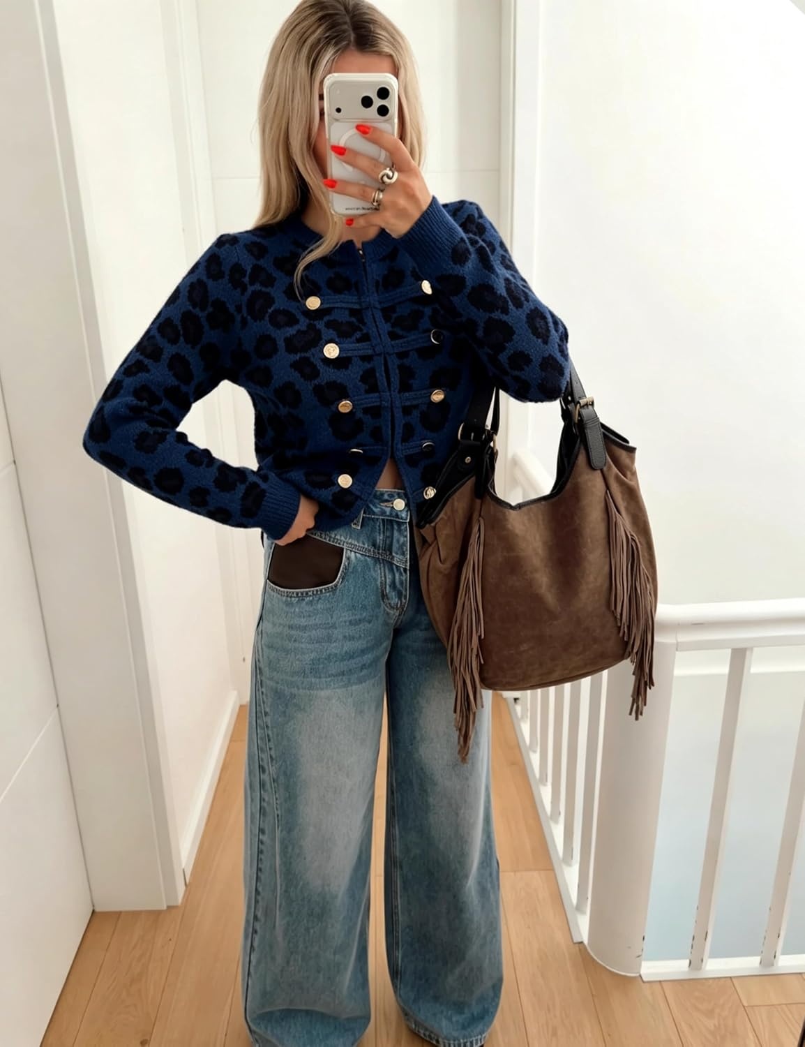image:imageYeokou Womens Leopard Knit Cardigan Sweater Button Front Cropped OutwearNavy