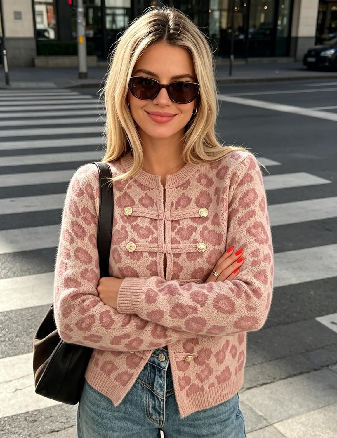 image:imageYeokou Womens Leopard Knit Cardigan Sweater Button Front Cropped OutwearPink