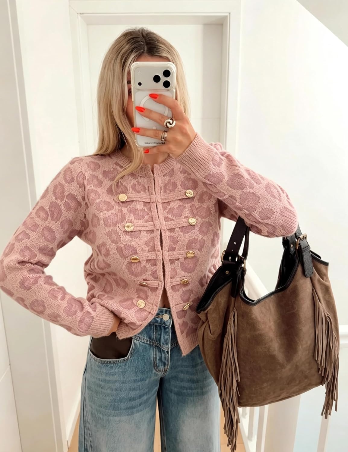 image:imageYeokou Womens Leopard Knit Cardigan Sweater Button Front Cropped OutwearPink
