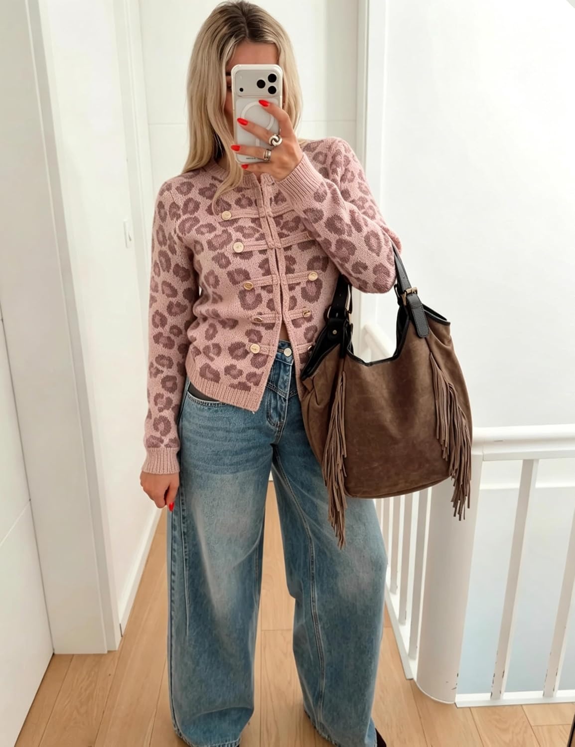 image:imageYeokou Womens Leopard Knit Cardigan Sweater Button Front Cropped OutwearPink