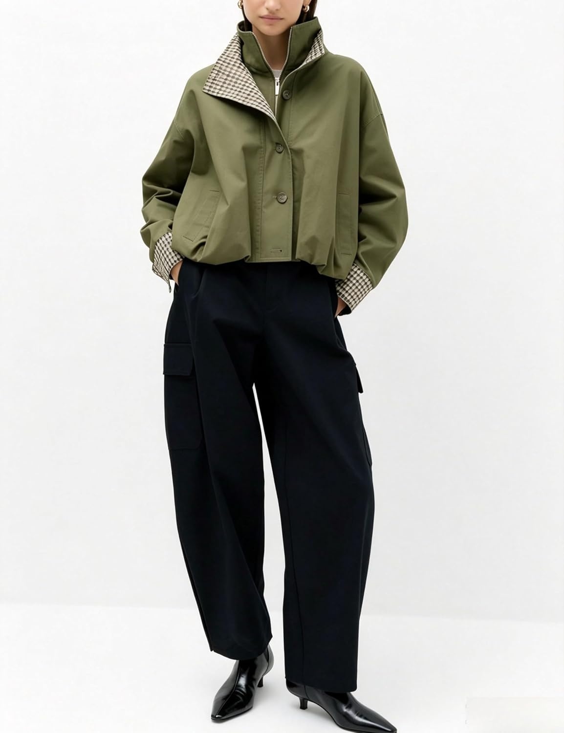 image:imageYeokou Womens Oversized Bomber Jacket Plaid Lined Zip Button CoatArmygreen