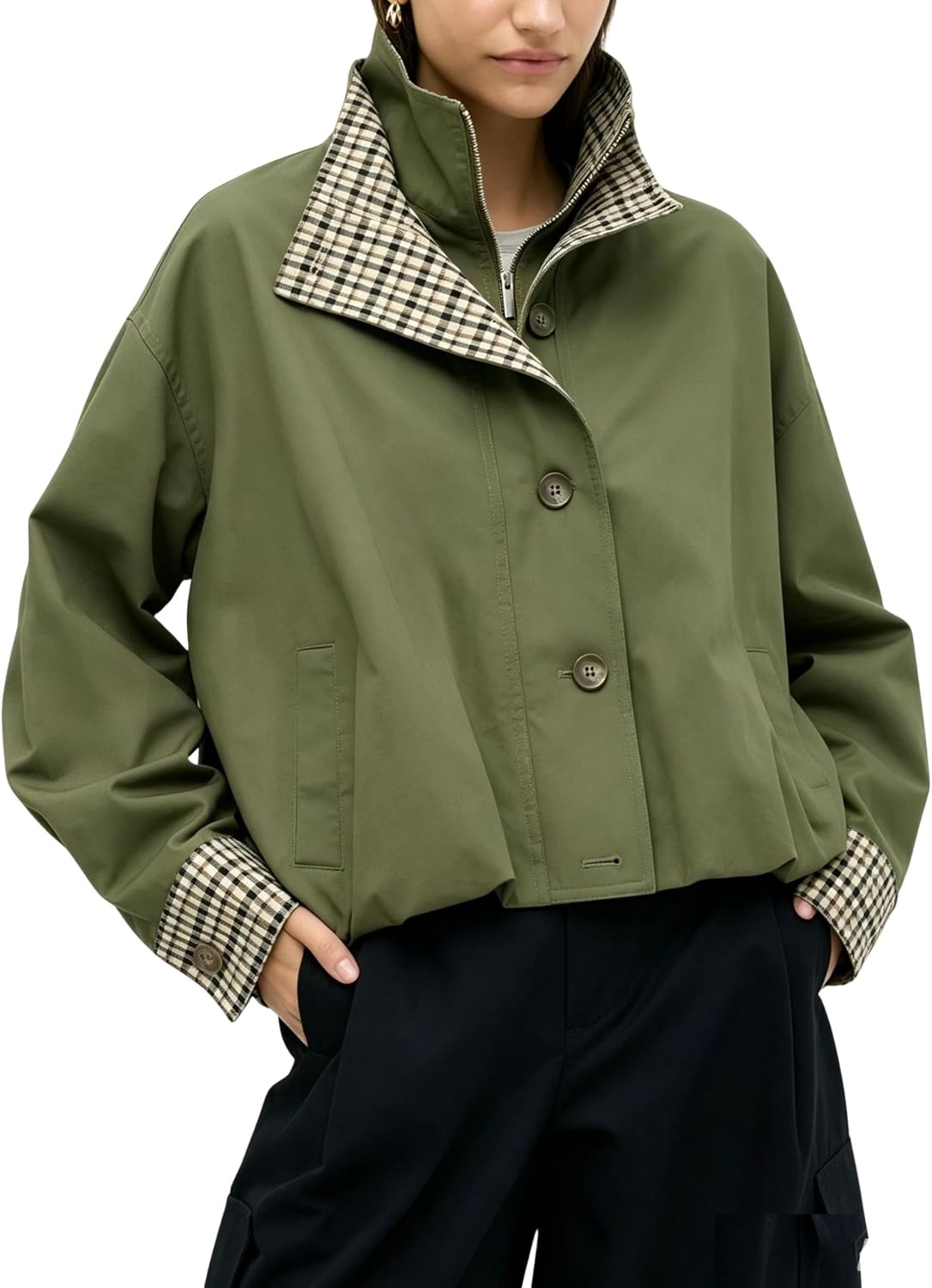 image:imageYeokou Womens Oversized Bomber Jacket Plaid Lined Zip Button CoatArmygreen