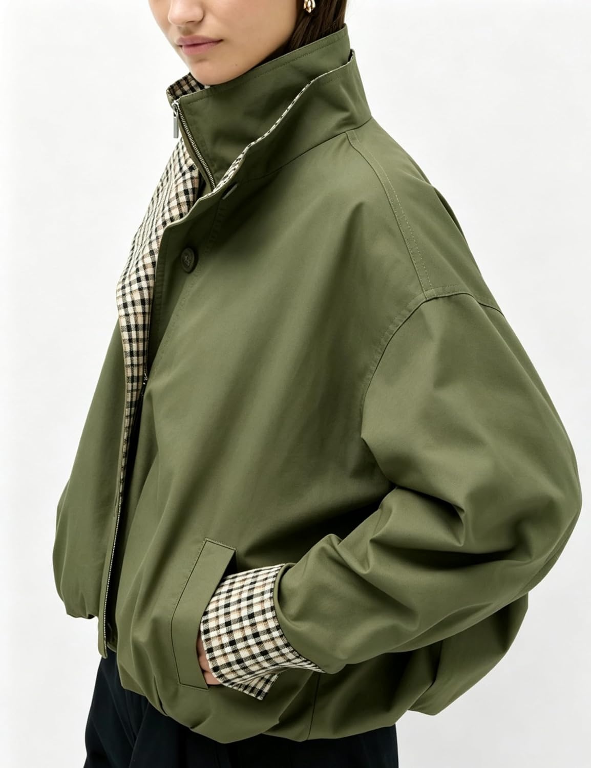 image:imageYeokou Womens Oversized Bomber Jacket Plaid Lined Zip Button CoatArmygreen
