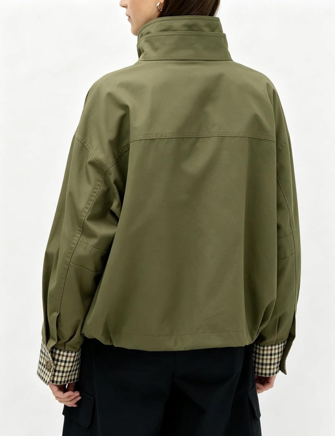 image:imageYeokou Womens Oversized Bomber Jacket Plaid Lined Zip Button CoatArmygreen