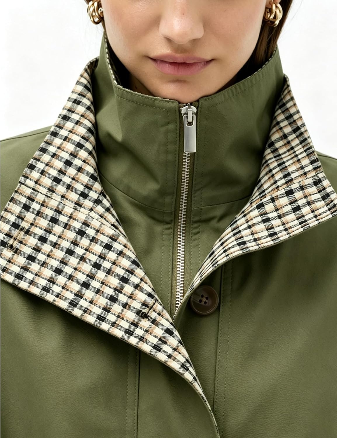 image:imageYeokou Womens Oversized Bomber Jacket Plaid Lined Zip Button CoatArmygreen