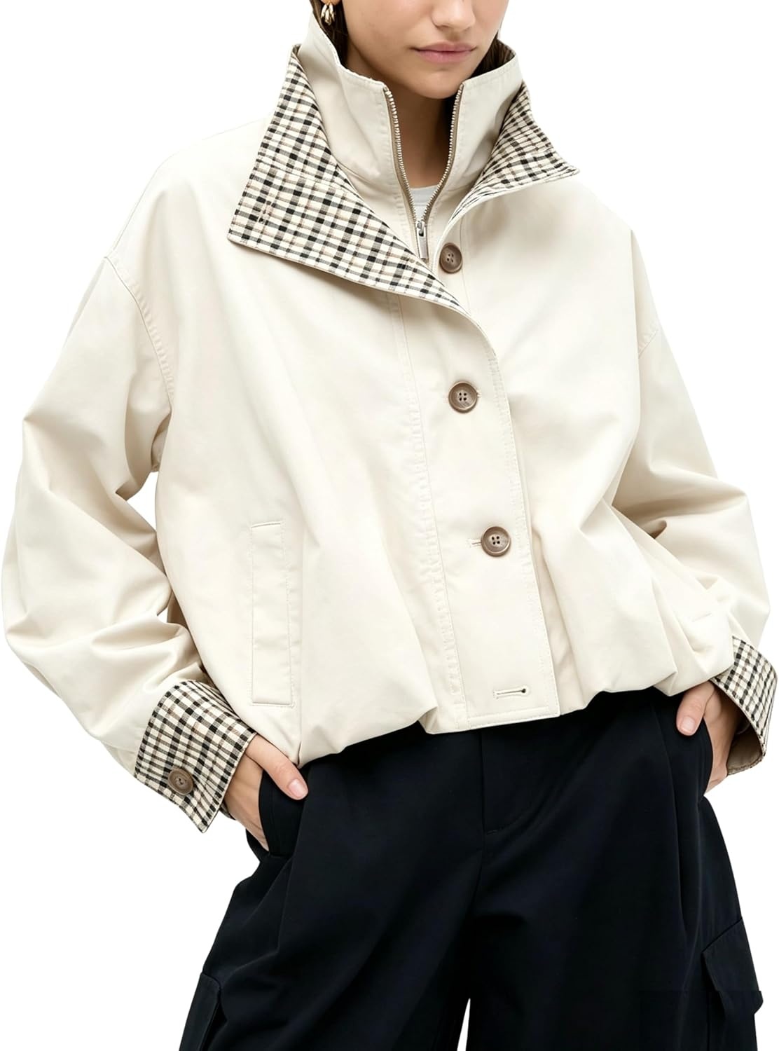 image:imageYeokou Womens Oversized Bomber Jacket Plaid Lined Zip Button CoatBeige
