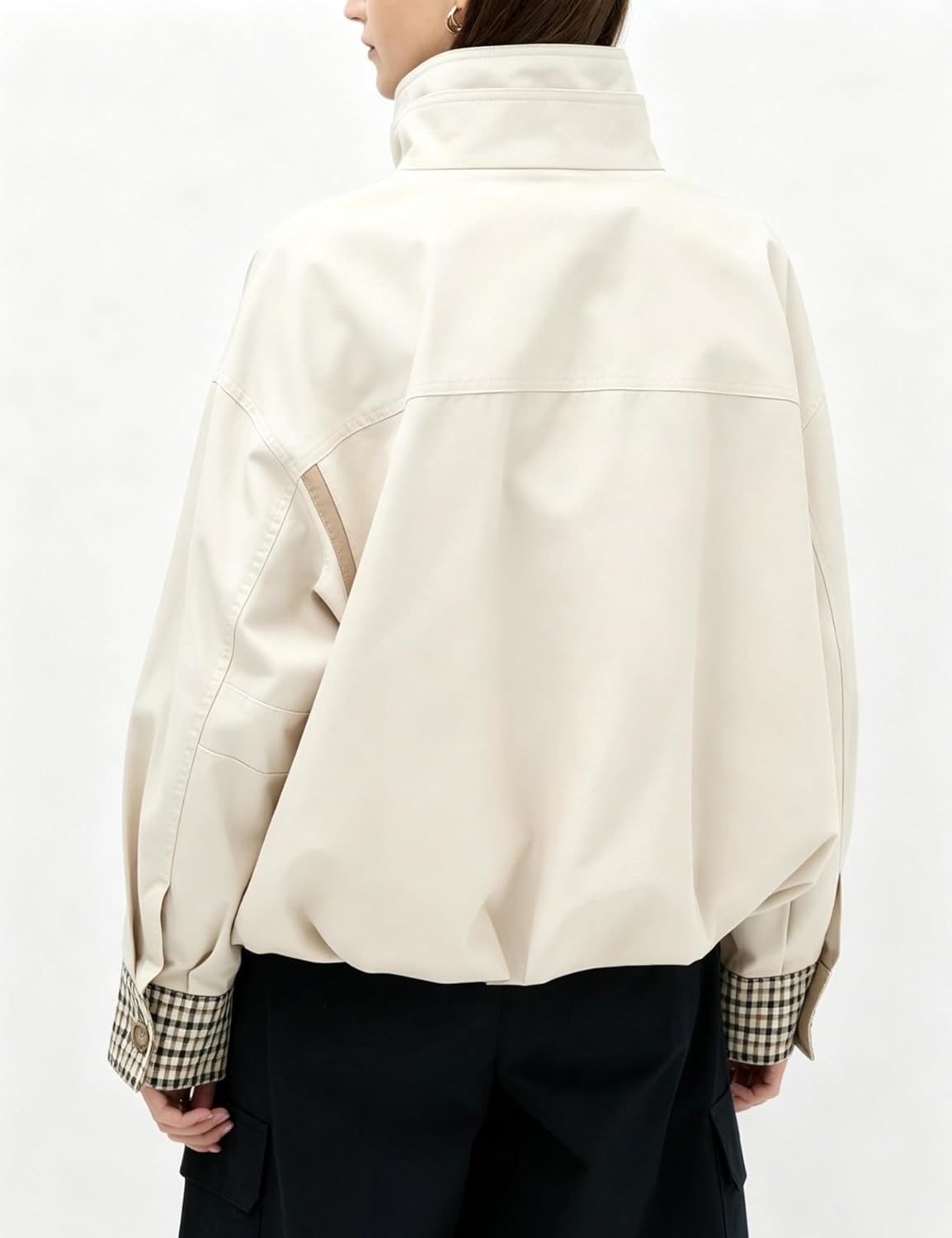 image:imageYeokou Womens Oversized Bomber Jacket Plaid Lined Zip Button CoatBeige